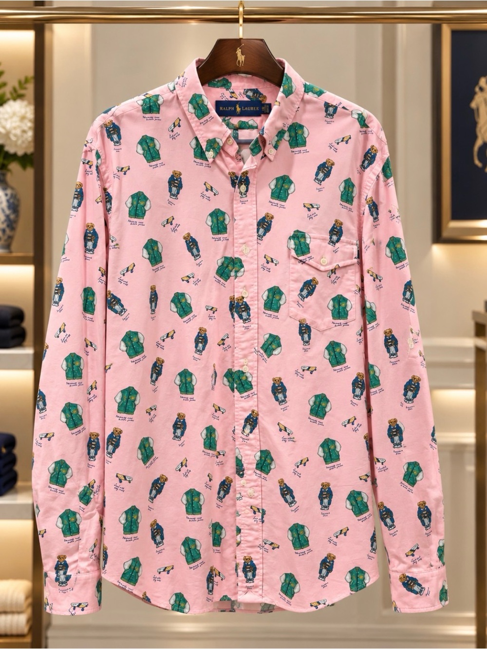 Polo by Ralph Lauren Pink Button-Down Shirt with Green & Blue Print
